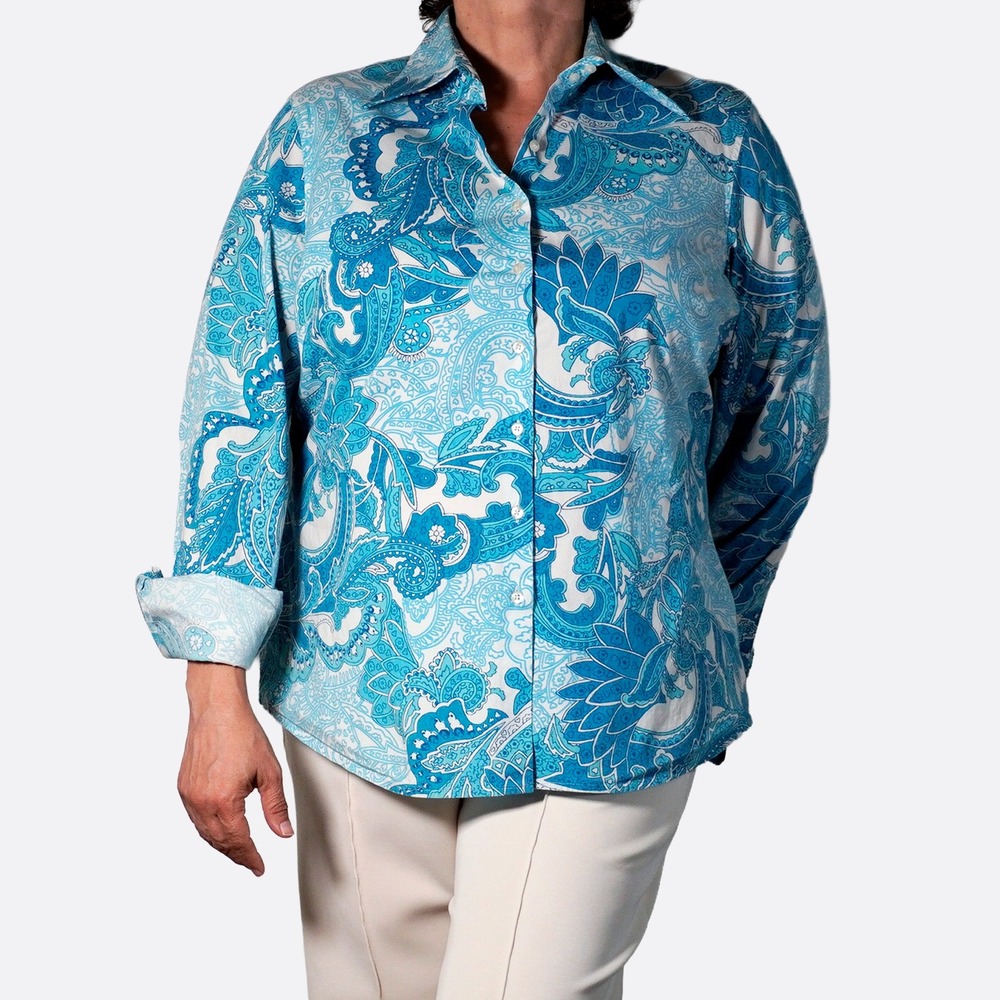 Hawes & Curtis Stretch Cotton Blouse Blue Paisley Button Down Shirt‎ Plus 1X XL